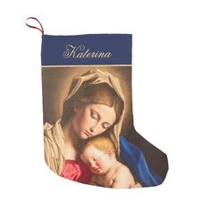 a stocking with an image of the virgin mary holding a baby jesus