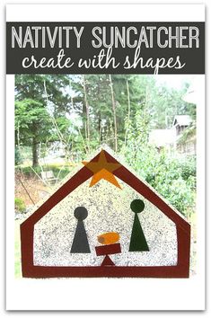 an image of a nativity suncather made out of wood and paper with the words, create with shapes