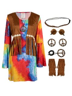 a tie dye dress and accessories are on display