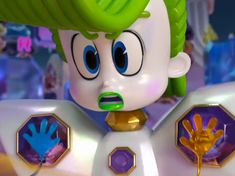 an animated character with green hair and blue eyes, holding his hands out to the side