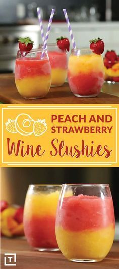 peach and strawberry wine slushies in glasses with strawberries on the rims