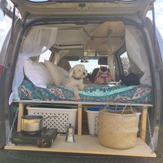 a dog sitting in the back of a van with its bed pulled up to it's side