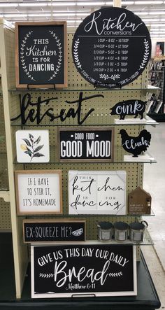 a display in a store filled with lots of signs and writing on the side of it