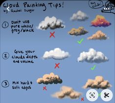 clouds with different types of paint on them and the words cloud painting tips written below