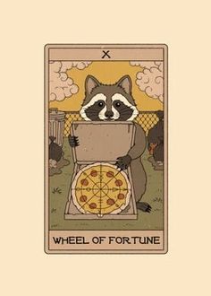 a raccoon holding a pizza on top of a taroti card with the words wheel of fortune