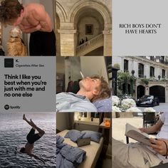 a collage of photos with the same person doing different things in each photo, including a man falling off his bed