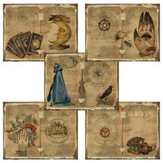 four different pictures of old books with images of witches and other things on them,