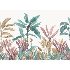 an illustration of tropical plants and leaves on a white background with pink, green, yellow and blue colors