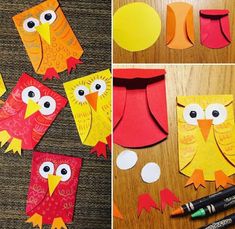 four different pictures of owls made out of construction paper and colored crepe paper