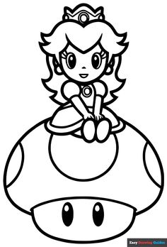 Free, printable Princess Peach sitting on Mario Mushroom coloring page for kids. Print it out or color it online. https://easydrawingguides.com/coloring-pages/princess-peach-sitting-on-mario-mushroom/