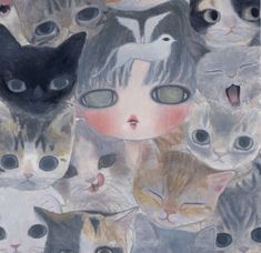 a painting of many cats with different faces