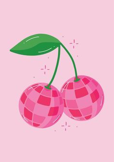 two cherries with green leaves on pink background