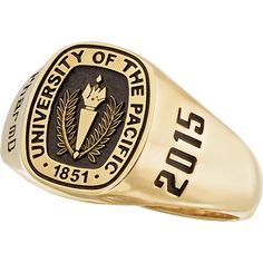 The University of The Pacific's crest is engraved on the face of this timeless signet ring. This simple design is customized with your graduating year and degree of study. The engraving "hail Pacific" on the inside of the ring serves as a reminder of your time as a Tiger and connects you to all students and alumni of the school. Classic Polished Signet Ring For Commemoration, Classic Engraved Signet Ring For Commemoration, Classic Signet Ring With Engraving For Commemoration, Engraved Oval Signet Ring For Commemoration, Classic Signet Ring For Commemoration, Classic 14k Stamped Signet Ring For Commemoration, Classic Engraved Ring Stamped 14k For Commemoration, Classic Formal Rings With Engraved Logo, Heirloom Engraved Ring With Polished Finish For Commemoration