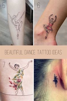 four different tattoo designs on the side of their legs and behind them is an image of a ballerina