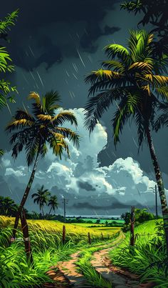 a painting of palm trees and a dirt road under a cloudy sky with rain coming down