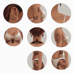 six different images of women with tattoos on their backs and chestes, all in white bras