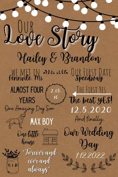 a poster with the names and dates for our love story