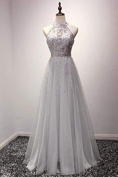 #alinepromdresses #crystalpromdresses #googleshopping #jewelpromdresses #longpromdresses #partyeventdresses #promdresses #sequinspromdresses #silverpromdresses #sleevelesspromdresses Gray Prom Dresses, Prom Gown For Teens, Organza Prom Dress, Dress With Crystals, Crystal Prom Dress, Tulle Long Prom Dress, Grey Prom Dress, Halter Prom Dresses, Tulle Evening Dress