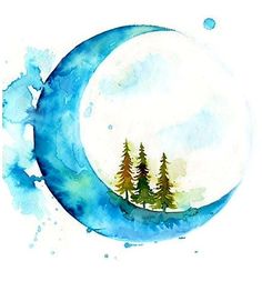 a watercolor painting of a crescent with trees on it and the moon in the background