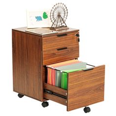 a wooden file cabinet with two drawers and a ferris wheel in the top right corner