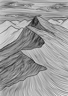 an ink drawing of mountains in black and white, with wavy lines on the ground