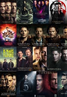 the movie poster for supernatural series 5 is shown in multiple colors and sizes, including one with