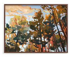 an abstract painting with trees in the background