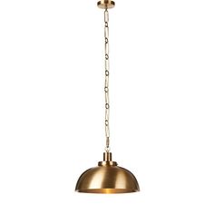 a brass colored pendant light hanging from the ceiling