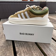 Adidas X Bad Bunny Campus Olive Green Size 8.5 Men’s Deadstock New In Box The Bad Bunny Adidas Campus Light Was Released In A Wild Moss Colorway, Featuring An All Wild Moss Green Upper, Tongue, And Sockliner, While Cream Colored Rope Laces Sit On Top Of The Stacked Double Tongue Which Houses Bad Bunny Branding On Top. Bad Bunny And Adidas Added A Brown Padded Cushion Around The Sockliner Of The Shoe For Added Support. Bad Bunny Adidas, Campus Shoes, Colored Rope, Adidas Campus, Adidas X, Bad Bunny, Moss Green, The Bad, Adidas Men