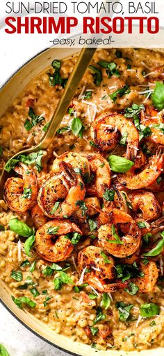 a skillet filled with shrimp risotto and garnished with parsley