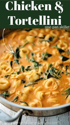 chicken and tortellini soup in a pan with spinach on the side text overlay