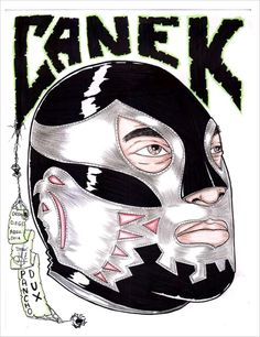 a drawing of a person wearing a mask with the words kanek written on it