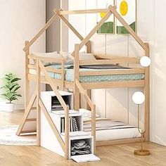 a wooden dollhouse bed with stairs to the top and bottom, in a child's room