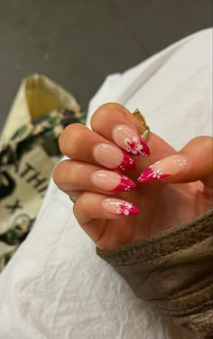 Pink tip nails with white and pink florals Hawaiian Nails, Nails 2023, Floral Nails