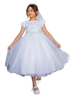 Girls White Satin Cap Sleeve Bead Adorned Communion Dress 6-16 - SophiasStyle.com 1 Illusion Tulle, Flower Lace, Dress 16, A Princess, White Satin, Plus Size Dress, Stunning Dresses, Cap Sleeve, Cap Sleeves