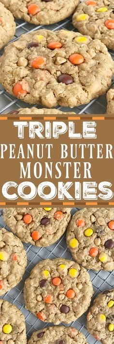 triple peanut butter monster cookies on a cooling rack with the words triple peanut butter cookies