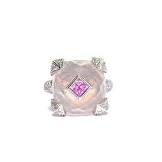 18k Diamond, Pink Sapphire & Rose Quartz Ring * Faceted Rose Quartz Center Stone With Pink Sapphire Accent (Princess Cut) * 18k White Solid Gold * Natural Diamond Weight: 0.41 Cts * H-I Color Si Clarity * Face Measurement: 15mm X 15mm * Gold Wt: 10.9 Grams * Size: Us 5 Luxury Pink Platinum Rings, Luxury Jewelry With Rose Cut Diamonds And Pink Sapphire, Luxury Pink Sapphire Diamond-cut Jewelry, Luxury Pink Sapphire Rings With Single Cut Diamonds, Luxury Pink Sapphire Jewelry With Diamond Cut, Luxury Pink Sapphire Ring In White Gold, Luxury Morganite Jewelry In White Gold, Luxury White Gold Morganite Jewelry, Pink Elegant Rings With Single Cut Diamonds