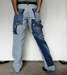 "Faded Denim Jeans and Distressed Blue Carpenter Pant, waist 34, with two recycled Denim Patch Pockets front- and backsides. The different decorations make this Upcycled Mens Work Pants a Unique Patched Tough Boyfriend Jeans. Discover this affordable and fashionable straight light distressed boot cut Workwear Jeans!  Measures: *Circular Measurements Waist:        90 Centimeters - 35 Inches*  Hip:          108 Centimeters - 43 Inches*  Length:    116 Centimeters - 46 Inches  Hem:         50 Centi Fitted Rigid Denim Cargo Jeans, Urban Style Fitted Faded Bottoms, Urban Light Wash Recycled Denim Jeans, Baggy Distressed Rigid Denim Bottoms, Washed Recycled Denim Streetwear Bottoms, Distressed Recycled Denim Bottoms For Streetwear, Recycled Denim Washed Bottoms For Streetwear, Washed Recycled Denim Bottoms For Streetwear, Urban Recycled Denim Bottoms For Streetwear