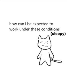 a black and white drawing of a cat saying how can i be expected to work under these conditions?