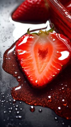 some strawberries are laying on top of chocolate