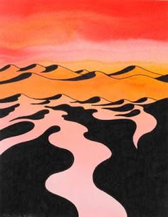 an abstract painting with wavy lines in orange, pink and black colors on a white background