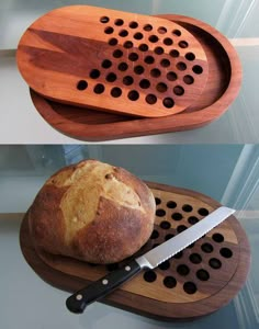 two wooden trays holding bread and a knife