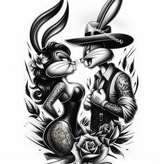 a couple of rabbits are standing next to each other with tattoos on their arms and legs