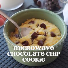 microwave chocolate chip cookie in a green bowl