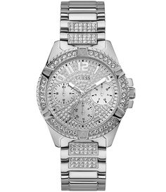 From Guess, the Women's Rhinestone Silver-Tone Multifunction Watch features: Silver-tone stainless steel braceletSilver-tone stainless steel caseEmbellished with crystalsSilver glitz dialLink closureMultifunction movementCase size approx. 40mmWater-resistant up to 5 ATM Imported. Anna Nicole Smith, Guess Watch, Gold Armband, Skagen, Women's Watch, Bling Bling, Michael Kors Watch, Silver Watch, Stainless Steel Bracelet