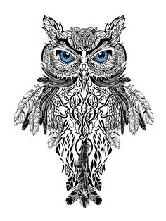 an owl with blue eyes and feathers on it's head is shown in black and white