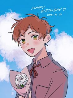 an anime character holding a flower in front of a blue sky with clouds and the words happy birthday written on it