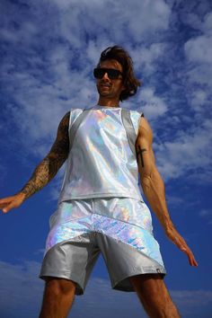 Mens Rave Shirt Reflective Top Mens Rave Clothing Reflective Tank Mens Festival Outfit Trippy Shirt Holographic Vest Singlet by Love Khaos - Etsy Rave Aesthetic Outfit, Modest Rave Outfits, White Rave Outfits, Rave Outfit Men, Rave Shirt, Rave Outfits Men, Rave Shorts, Rave Festival Outfits, Rave Shirts