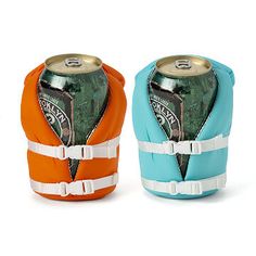 two soda cans wrapped in orange and blue material, one has a can holder attached to it