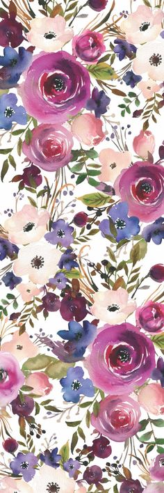 watercolor flowers on a white background with blue and pink leaves in the bottom right corner